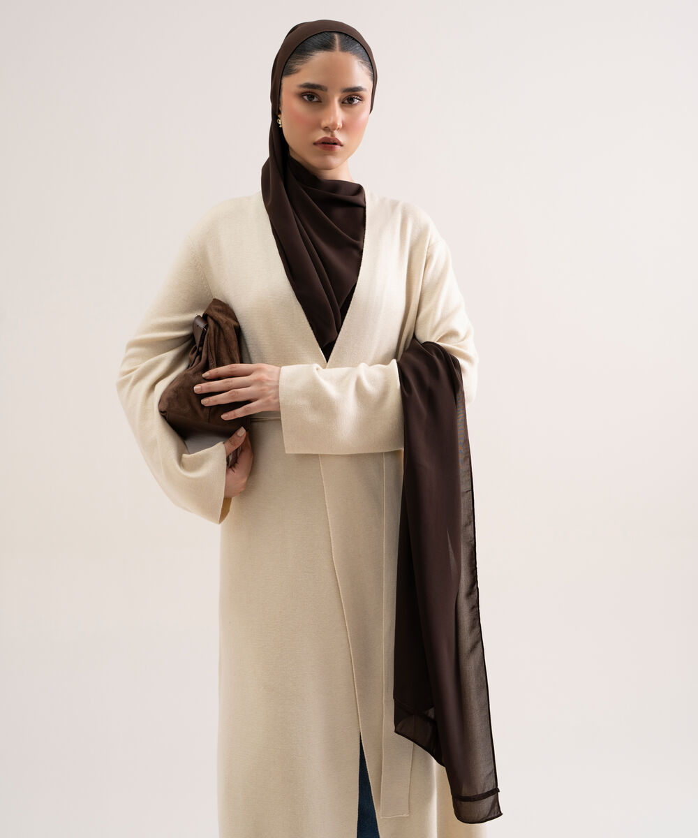 Women's Ivory Solid Sweater-Knit Abaya Set