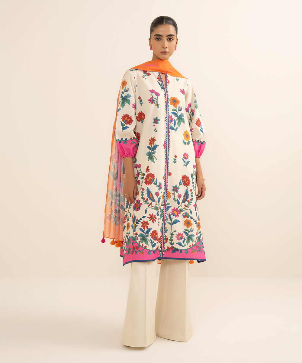 Women's Unstitched Cotton Printed Multi 3 Piece Suit