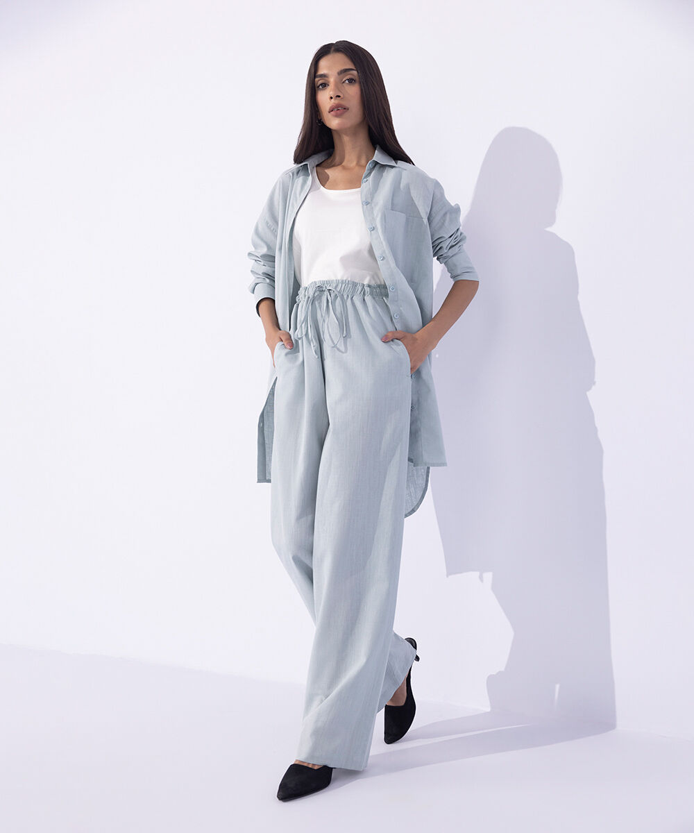 Women's Western Wear Blue Linen Blend Pull On Trousers