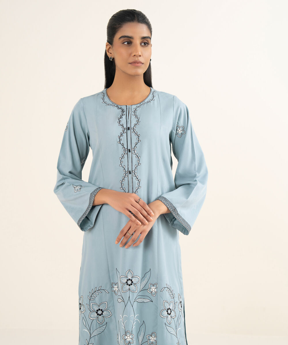Women's RTW Self Jacquard Leno Embroidered Blue A-Line Shirt