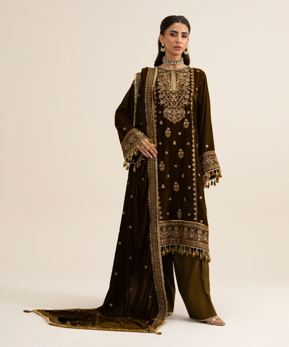 Women's Unstitched Velvet Embroidered Dark Brown 3 Piece Suit