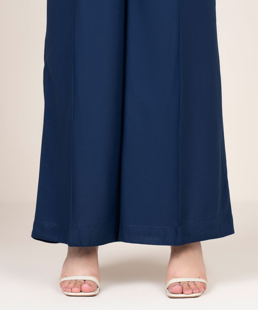 Women's RTW Viscose Linen Solid Blue Flared Pants