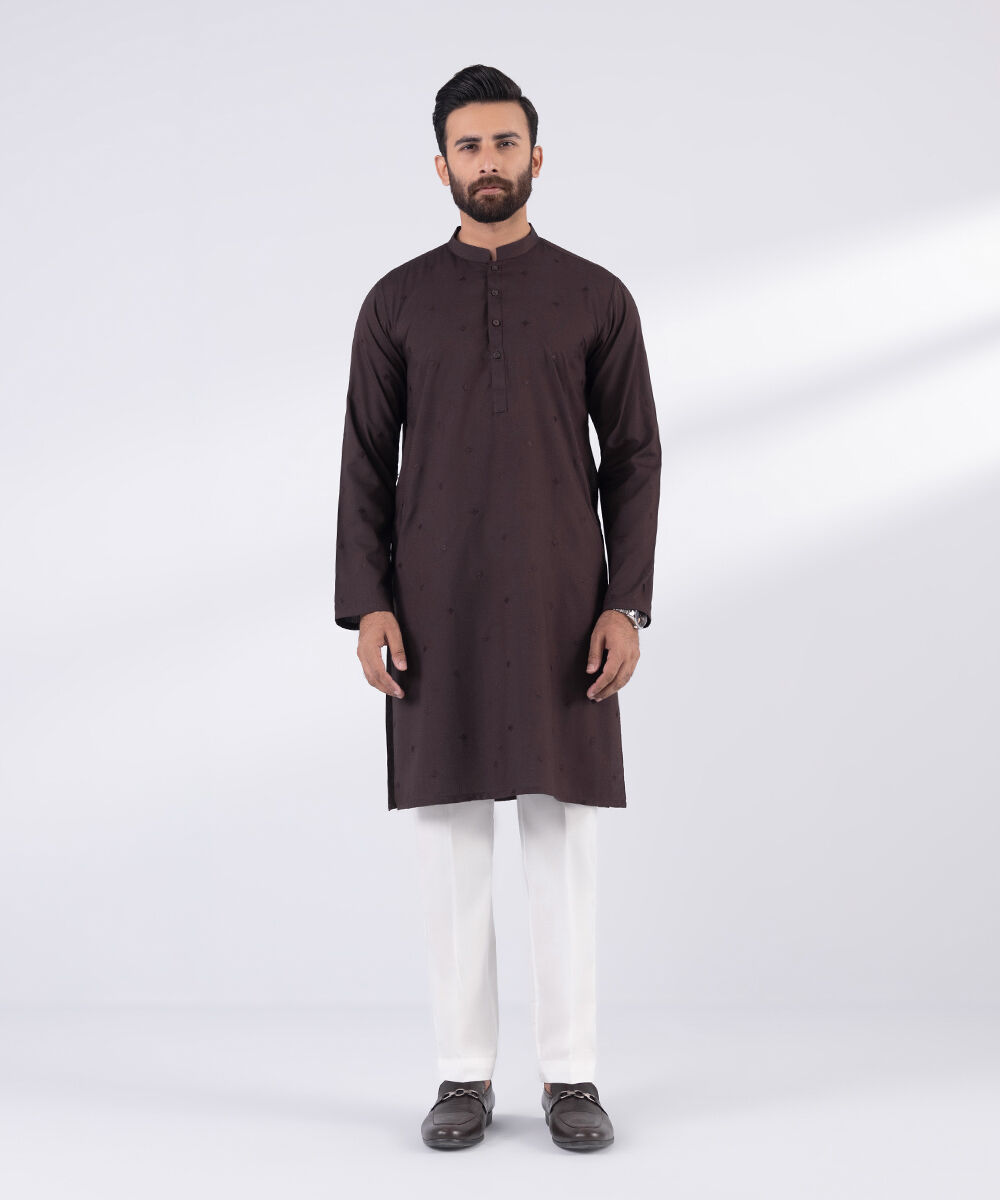 Men's Blended Stitched Embroidered Maroon Kurta