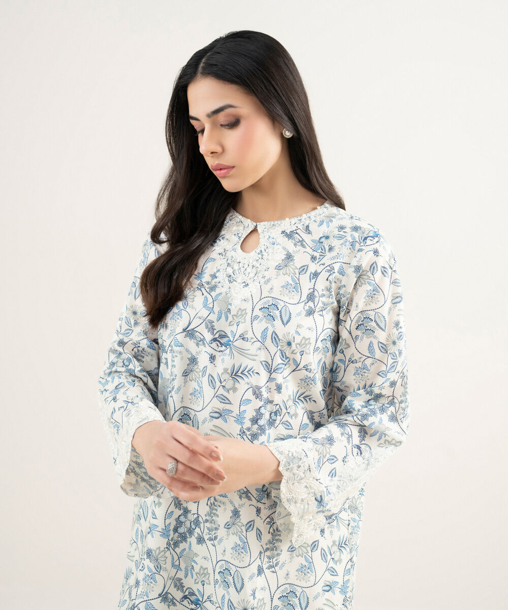 Women's RTW Slub Lawn Embroidered White A-Line Shirt