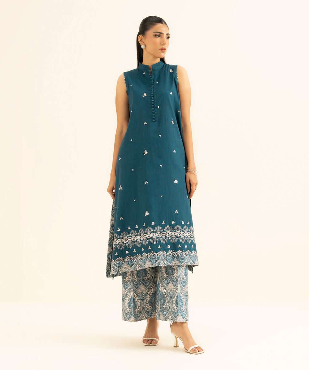 Women's Unstitched Cross Hatch Embroidered Blue 2 Piece Suit