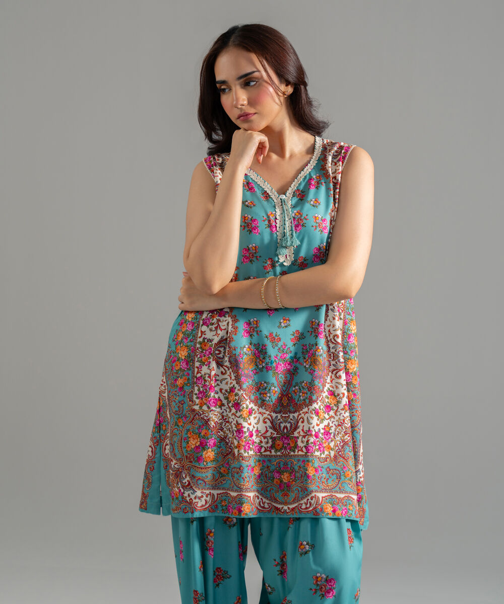 Women's RTW Arabic Lawn Printed Seaform Green Straight Shirt