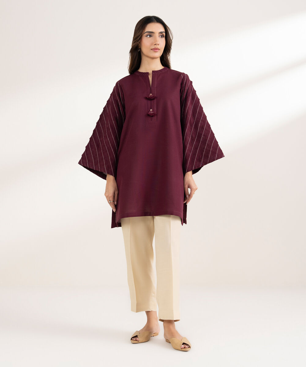 Women's RTW Khaddar Solid Straight Purple Shirt