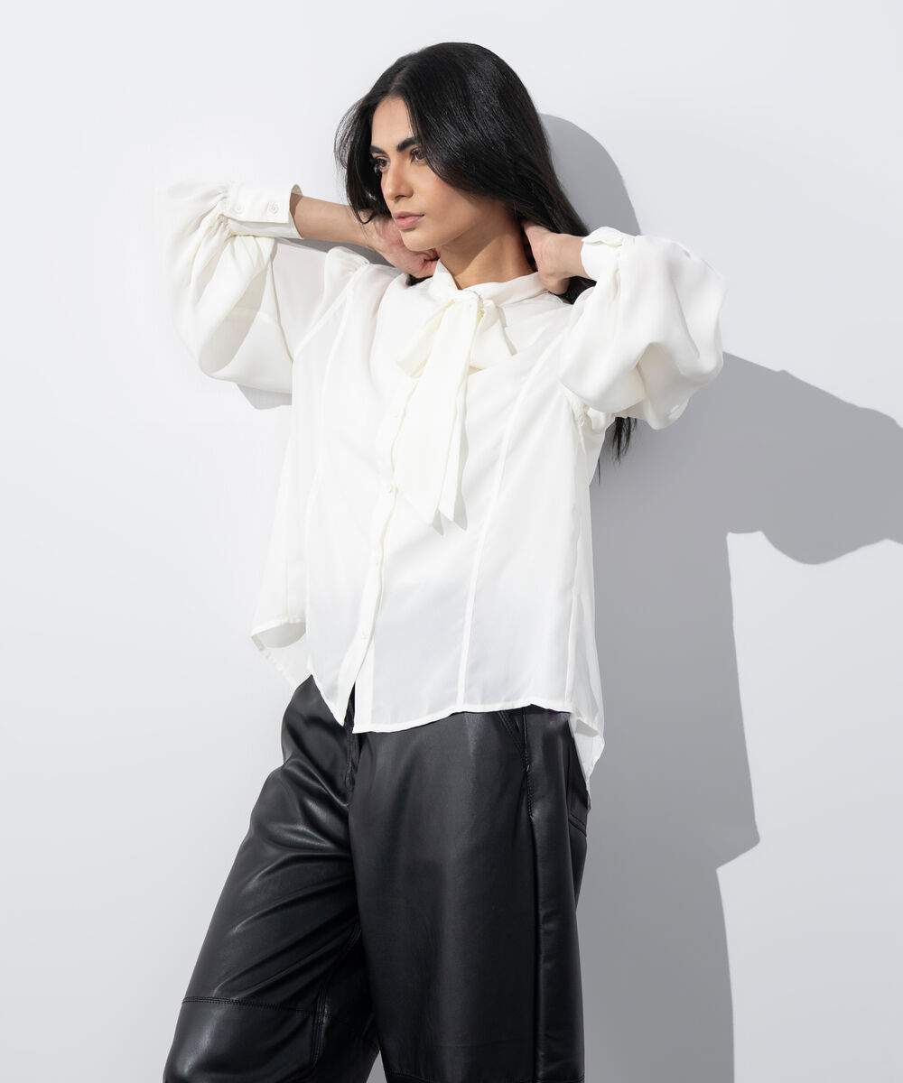 Women's Western Wear White Blouse With Tie Collar
