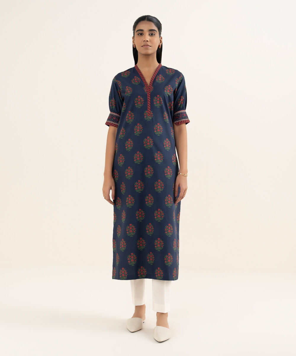 Women's Unstitched Cotton Printed Blue Shirt