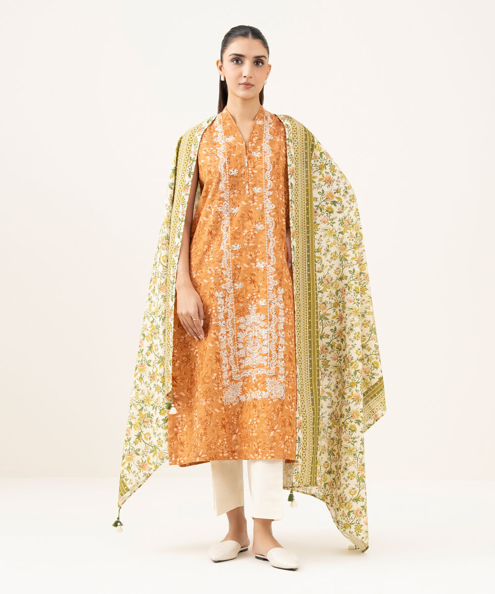 Women's Unstitched Cotton Embroidered Orange   2 Piece Suit