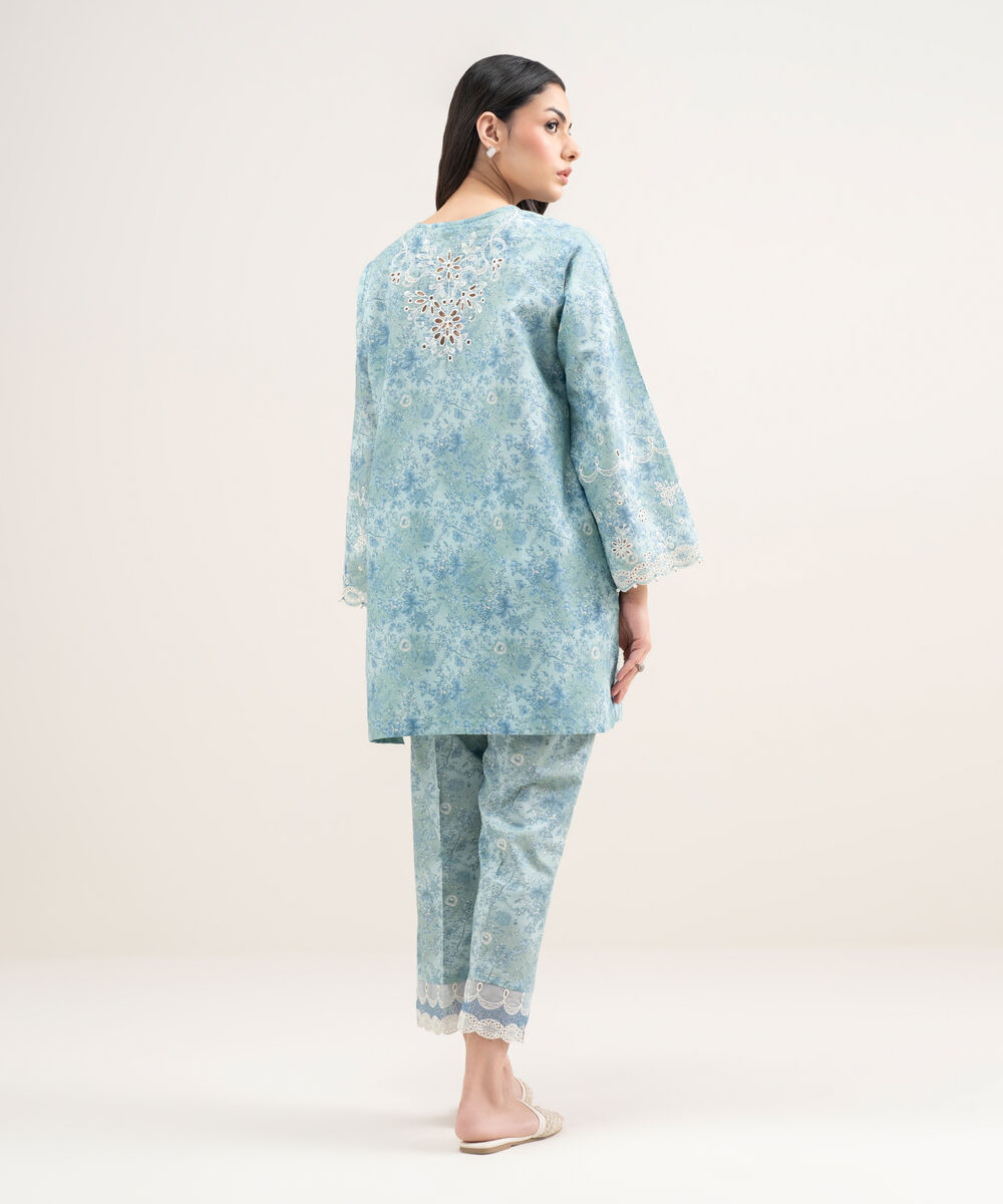Women's RTW Zari Cotton Embroidered Blue Straight Shirt
