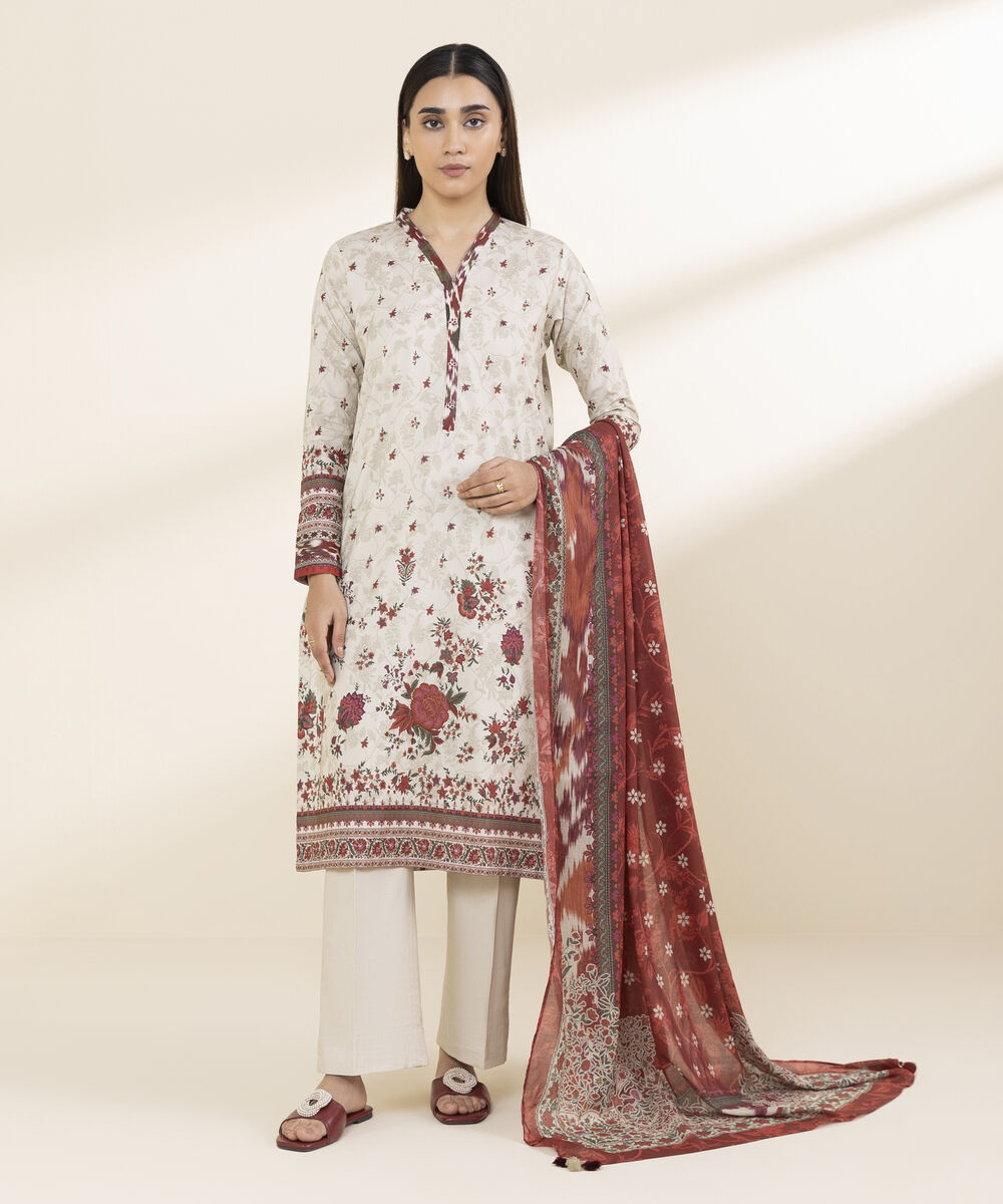 Unstitched Women's Off White Lawn 3 Piece Suit