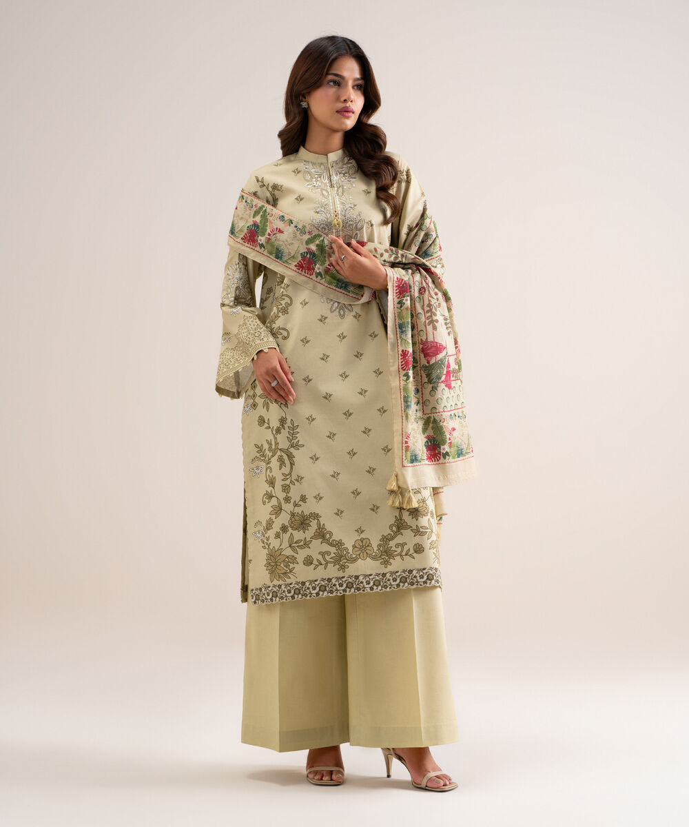Women's Unstitched Embroidered Cotton Beige 3 Piece Suit