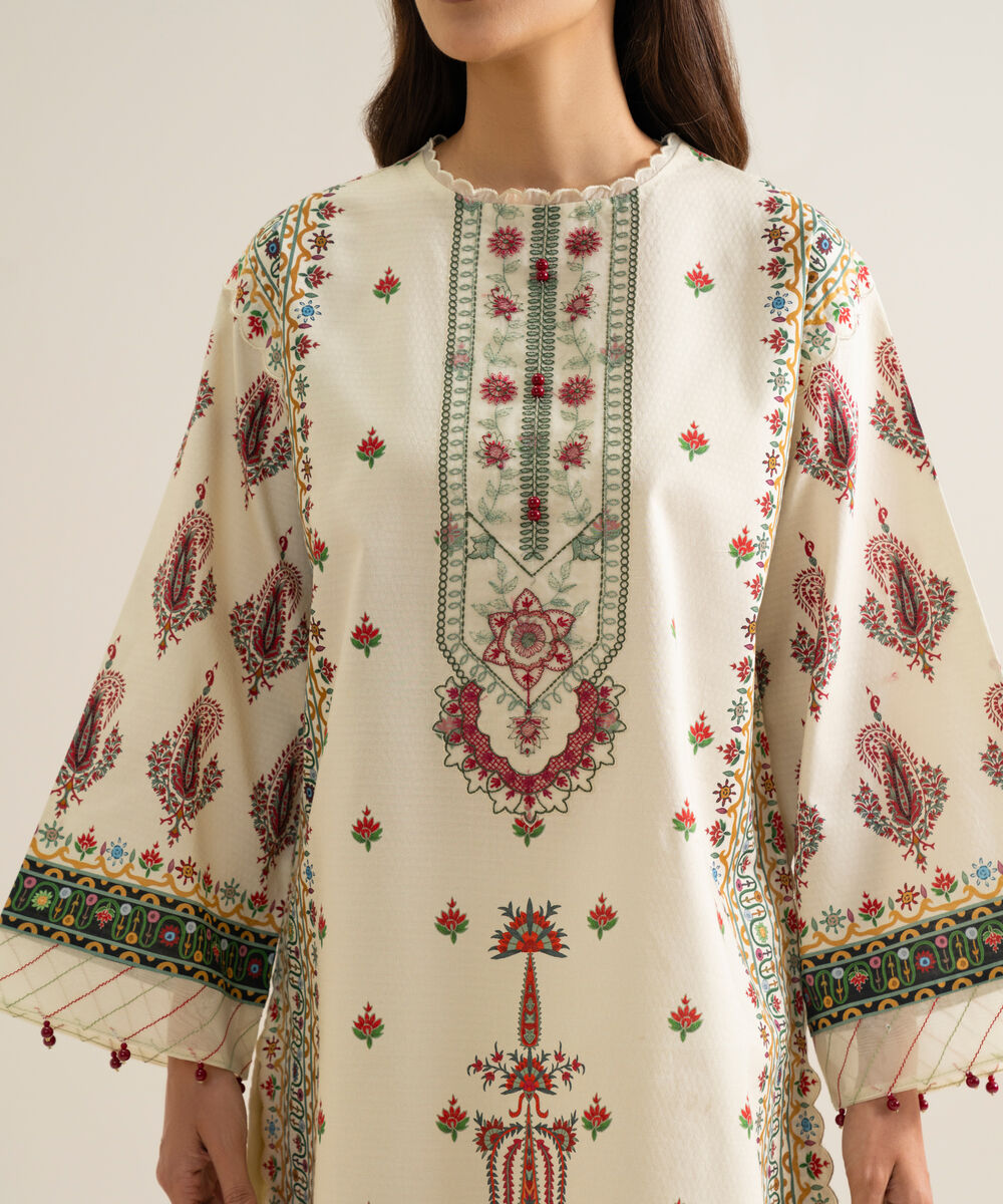 Women's Unstitched Blended Chiffon Printed Ivory 3 Piece Suit