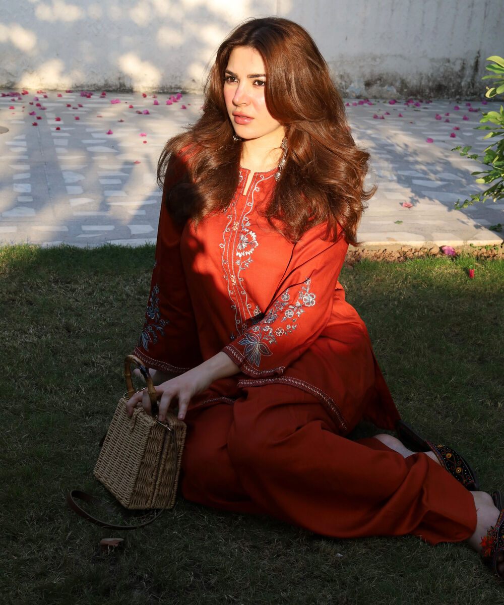 Women's RTW Bedford  Embroidered Orange Straight 2 Piece Suit