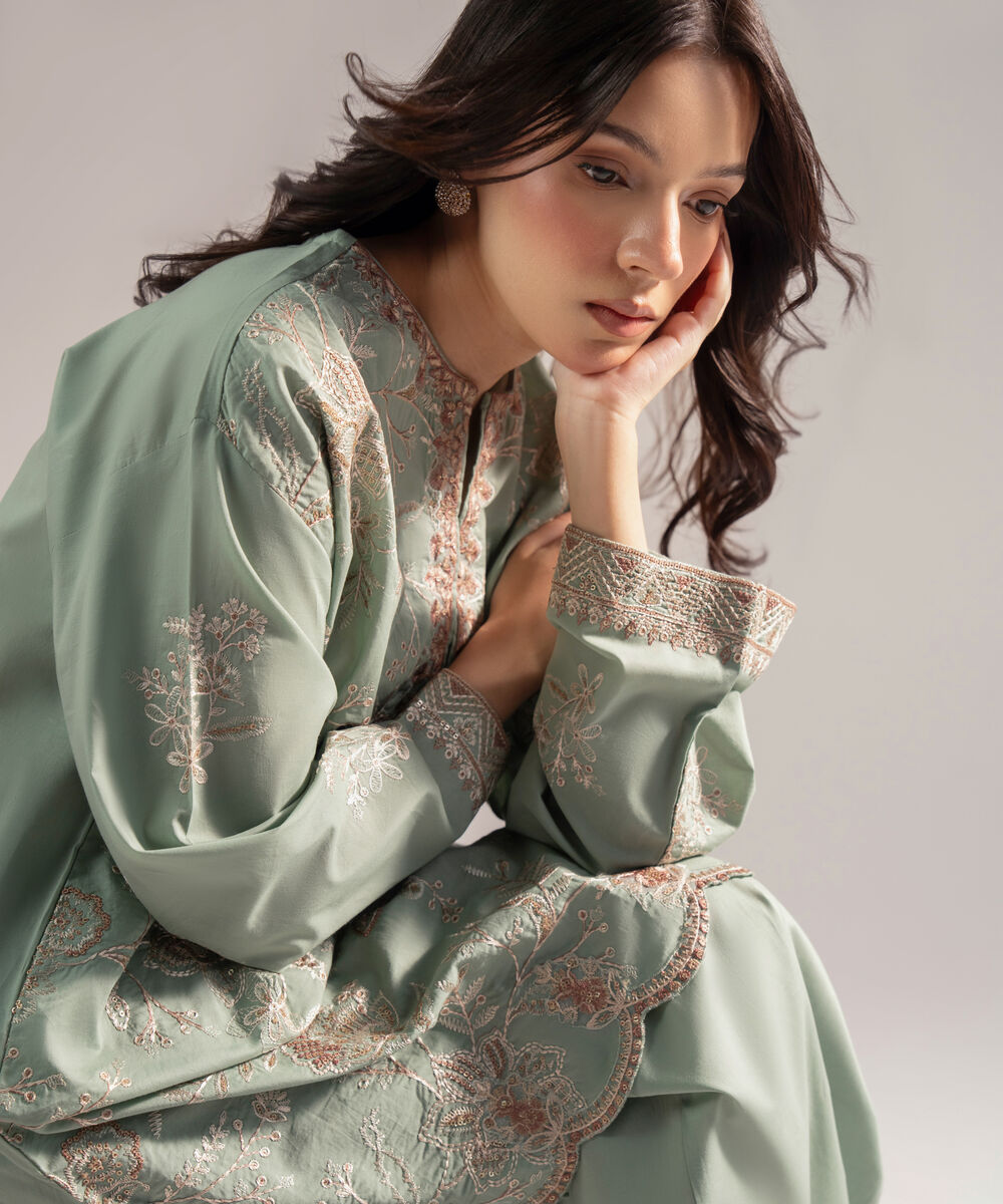 Women's RTW Cambric Embroidered Green 3 Piece Suit