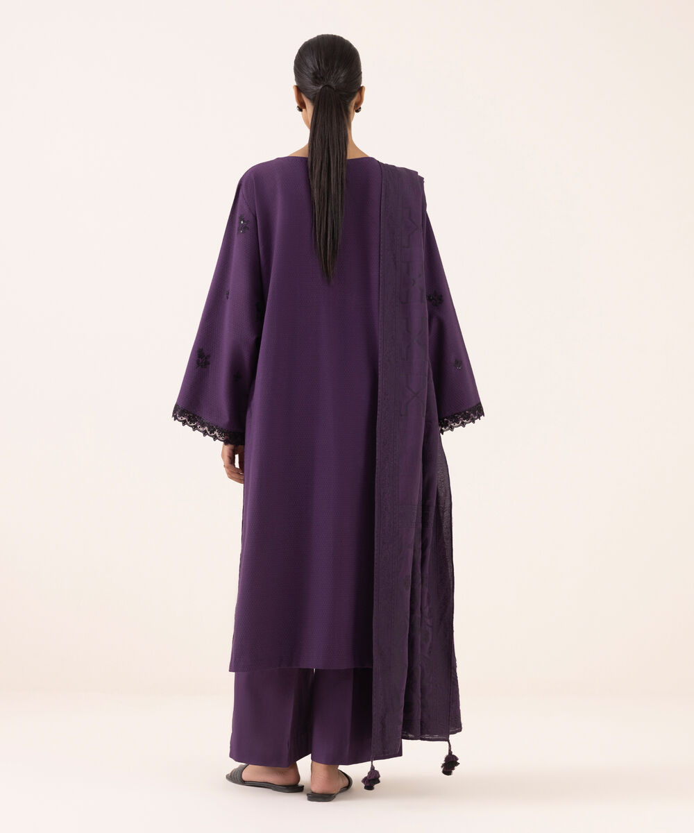 Women's Unstitched Dobby Embroidered Purple Three Piece Suit