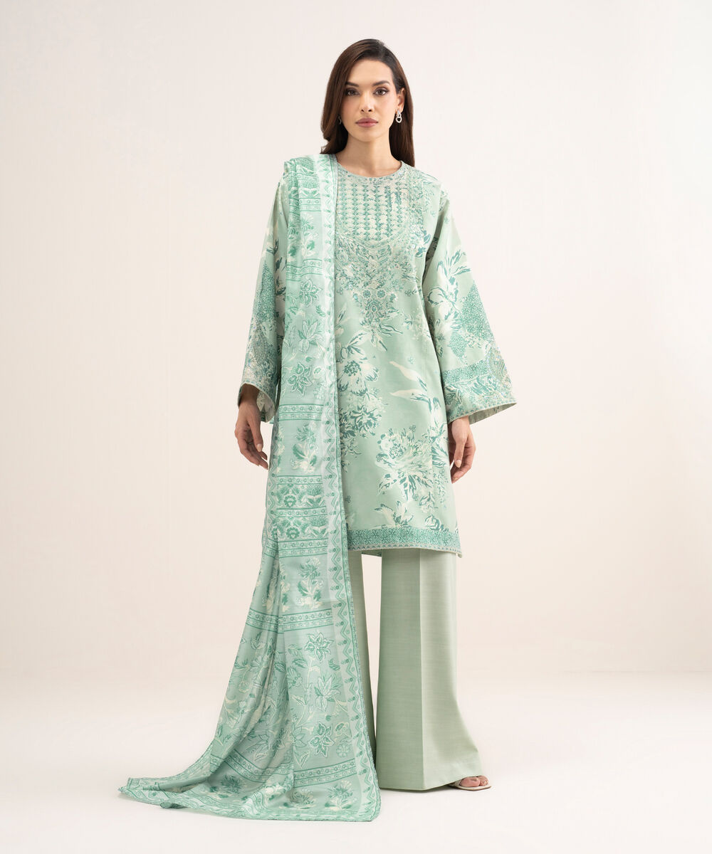 Women's Unstitched Raw Silk Embroidered Green 3 Piece Suit