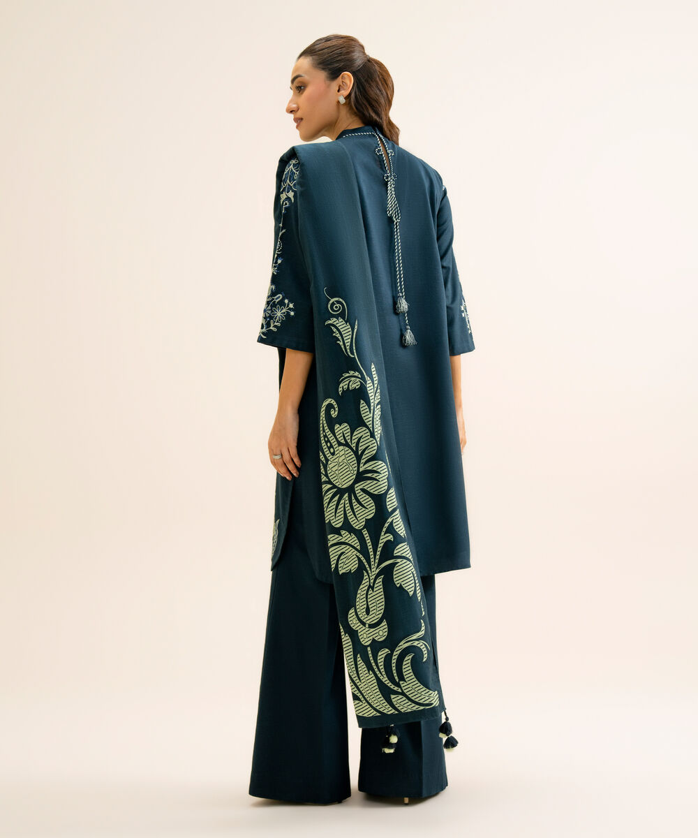 Women's Unstitched Light Khaddar Embroidered Dark Blue 3 Piece Suit