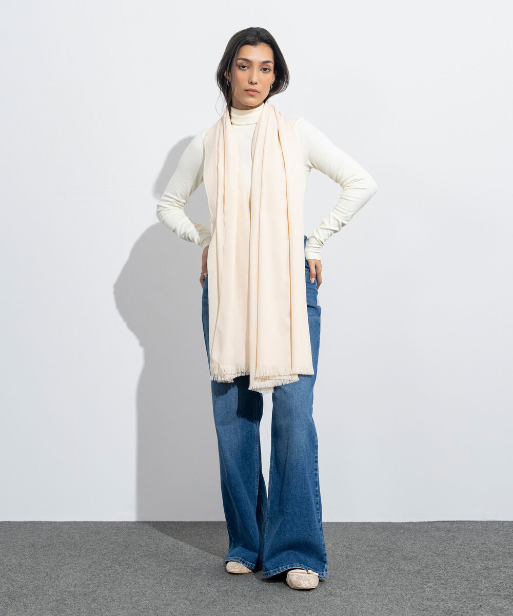 Women's Western Wear Off White Plain Woollen Scarf