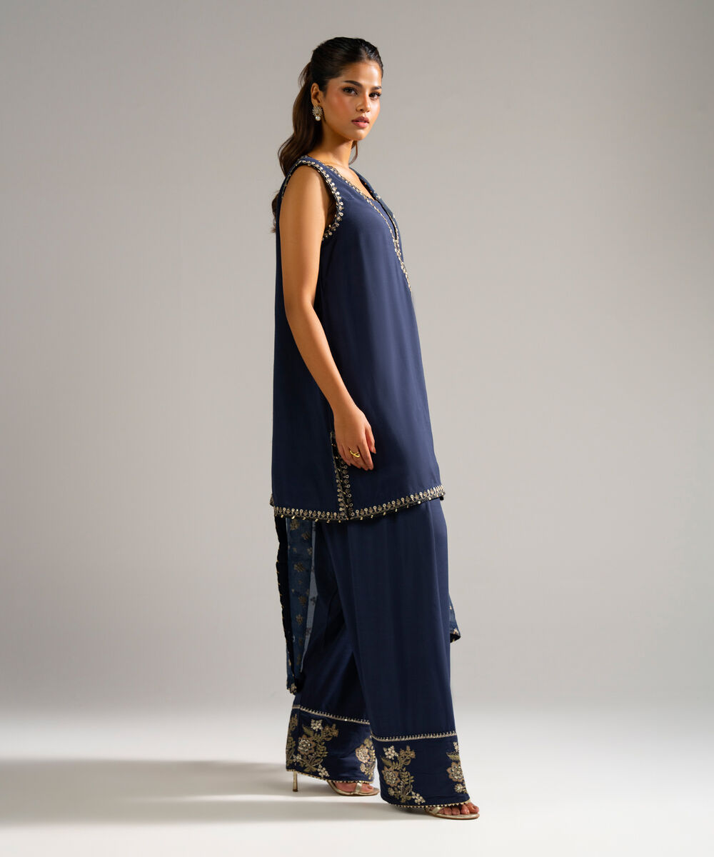 Women's RTW Raw Silk Embroidered Black 3 Piece Suit