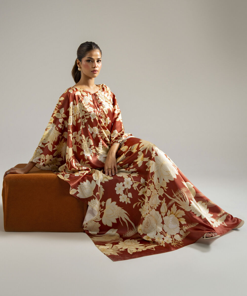 Women's RTW Blended Satin Printed Brown Kaftan