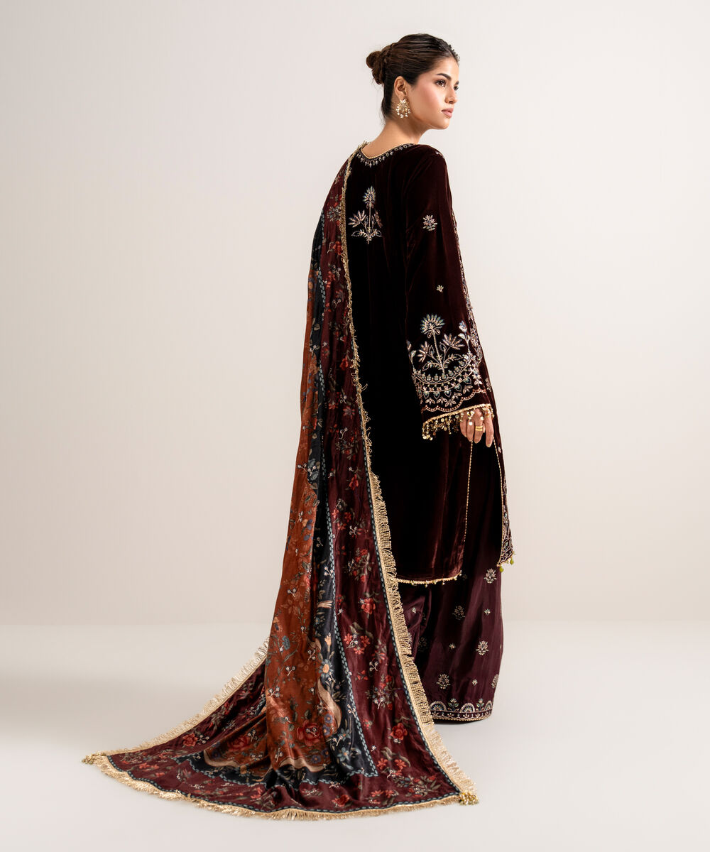 Women's Unstitched Embroidered Velvet Red 3 Piece Suit