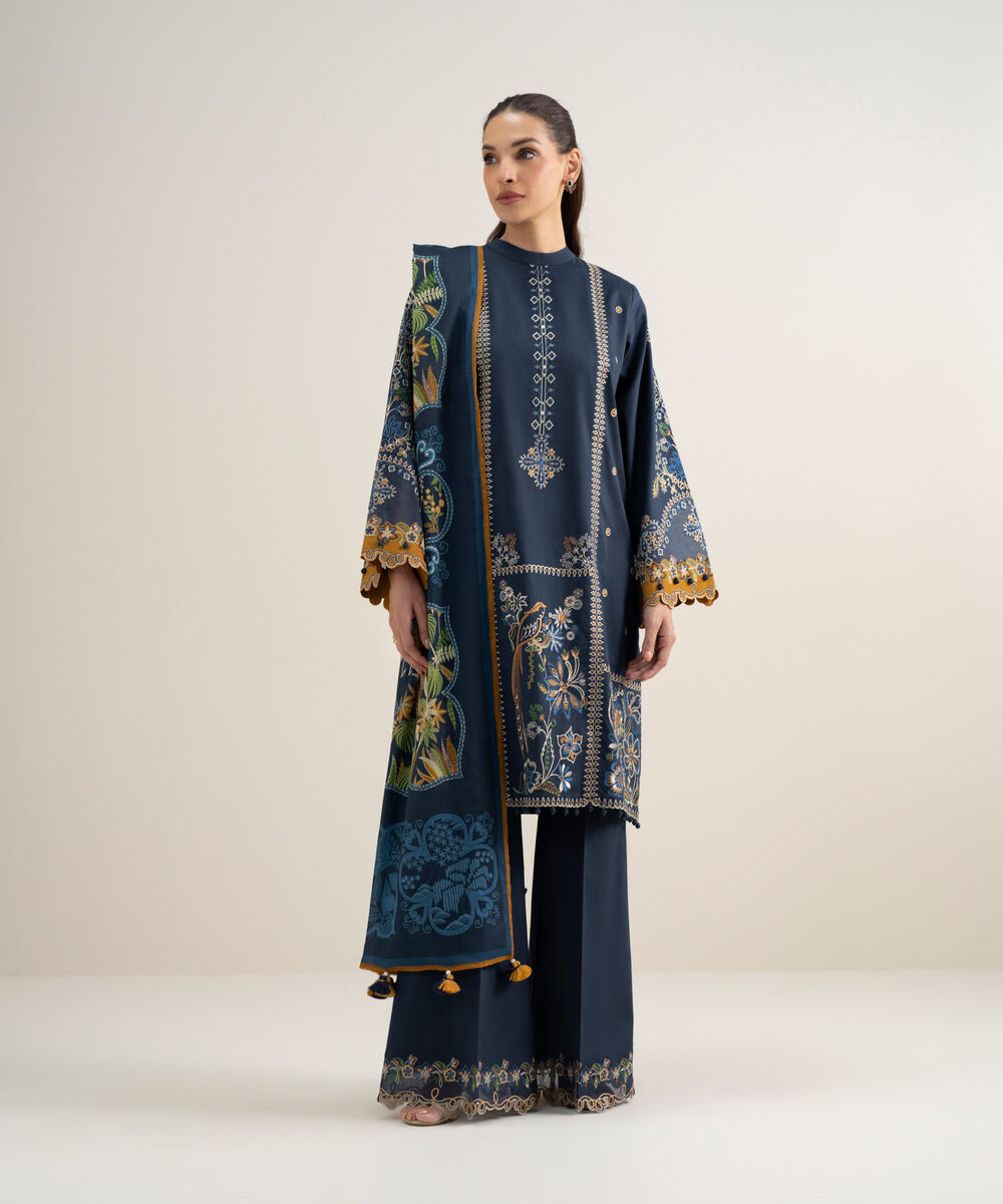 Women's Unstitched Dobby Embroidered Blue 3 Piece Suit