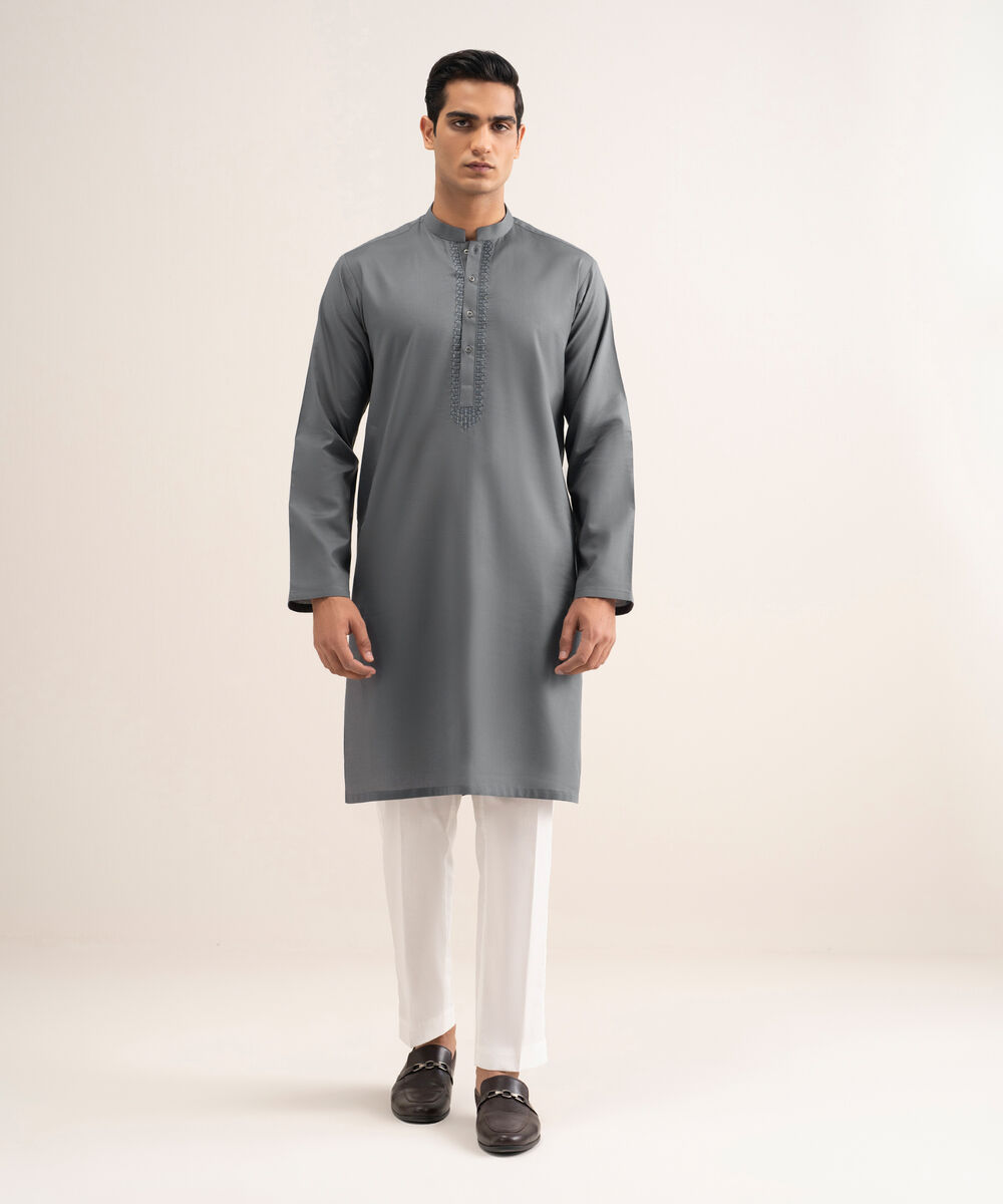Men'S Stitched Metal Grey Cotton Jacquard Kurta