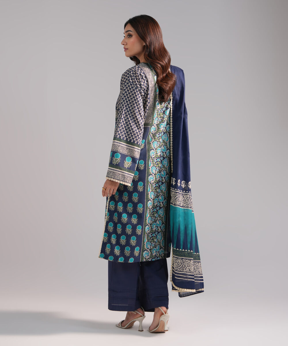 Women's RTW Lawn Printed Dark Blue 3 Piece Suit