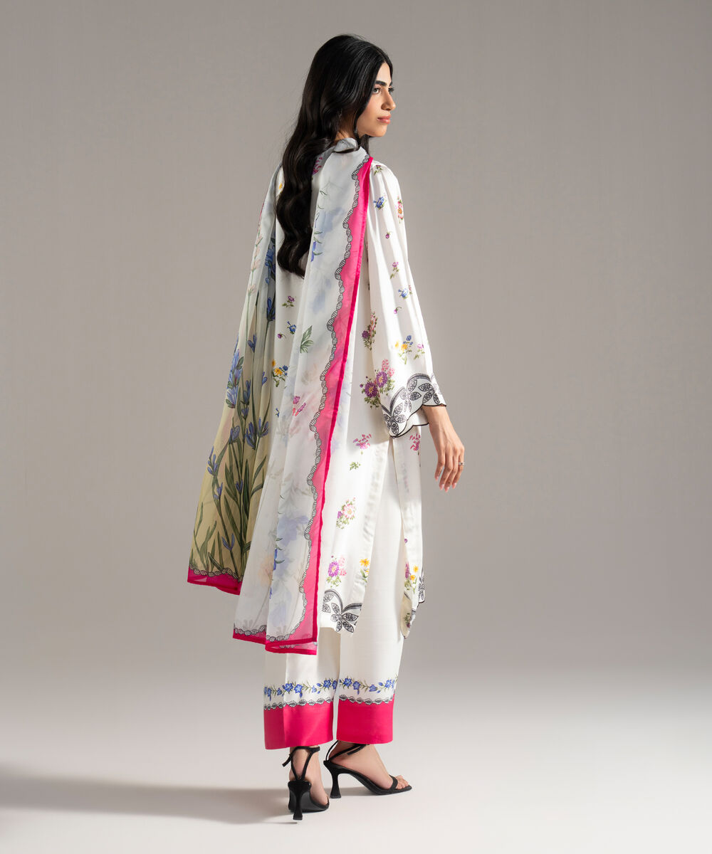 Women's RTW White Featheer Chamoz Printed White 3 Piece Suit