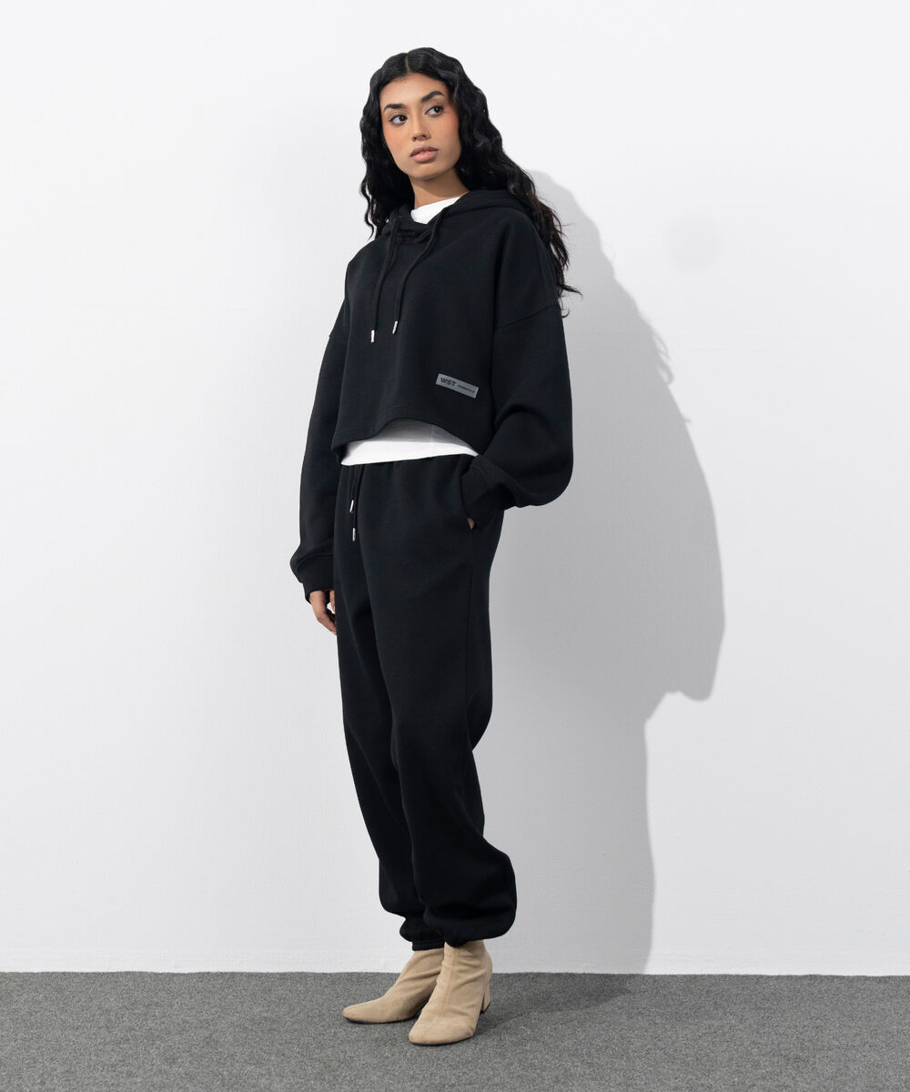 Women's Western Wear Black Cropped Fleece Hoodie