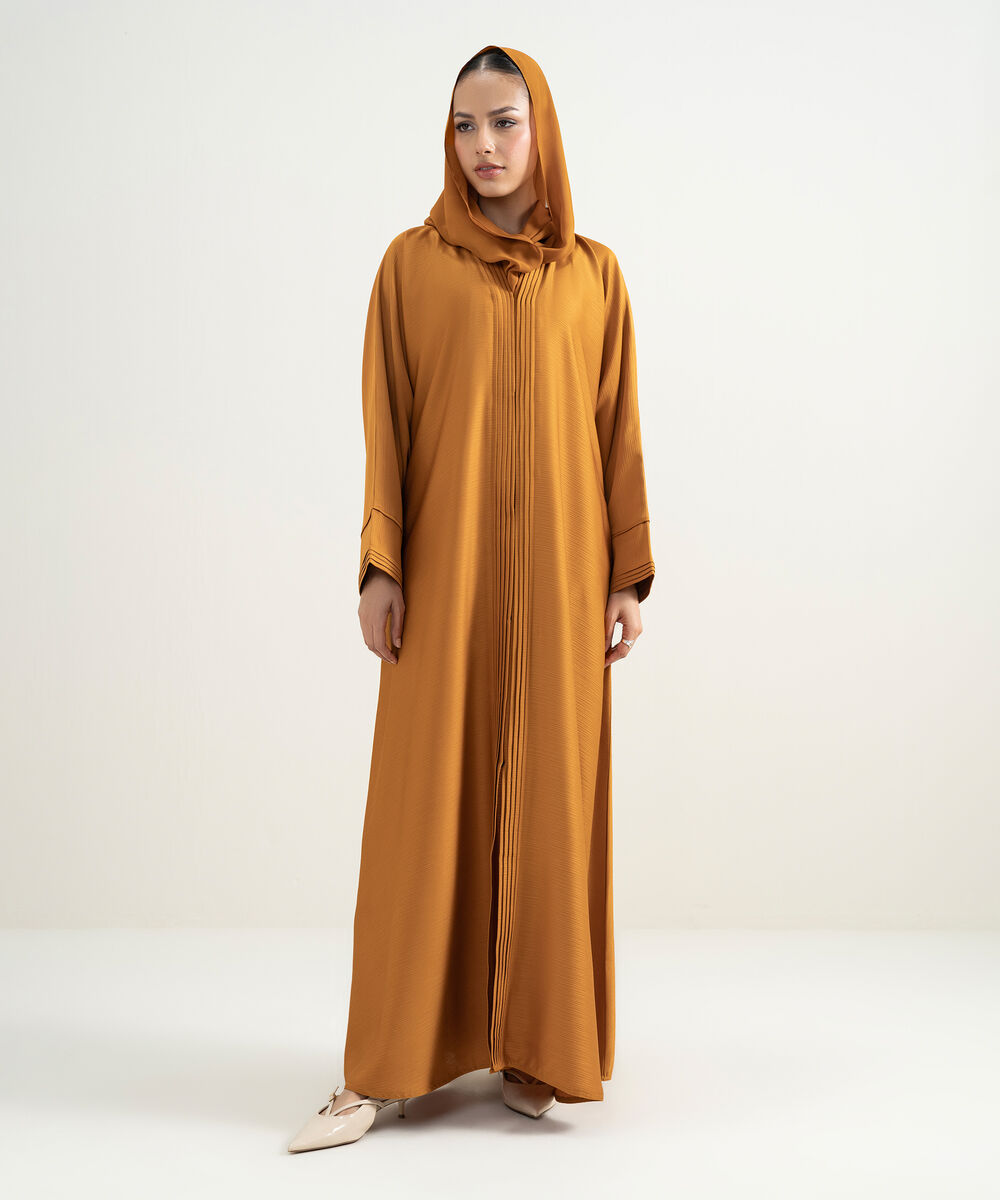 Women's Burnt Orange Pleated Button Through Abaya Set