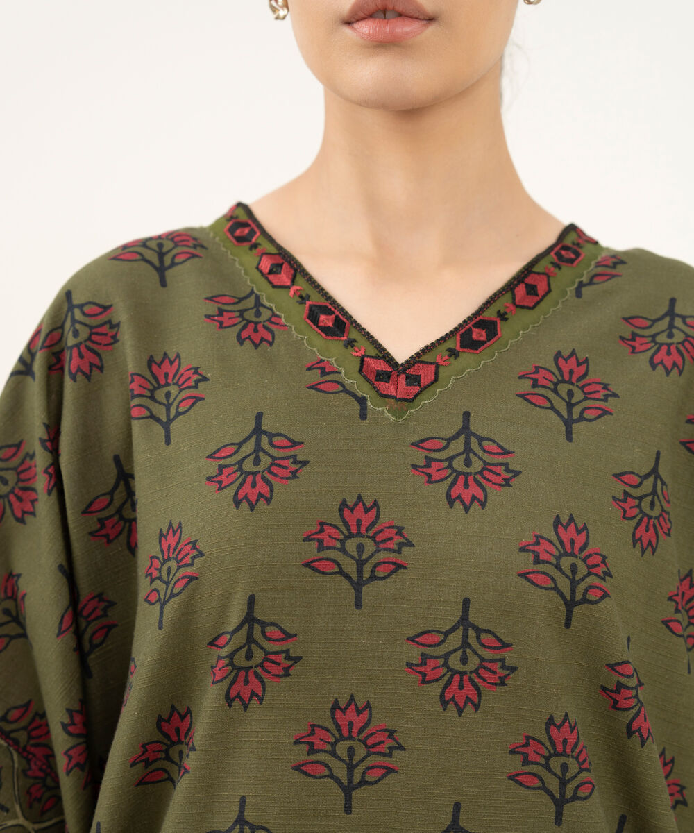 Women's Unstitched Printed Khaddar Olive Green 3 Piece Suit