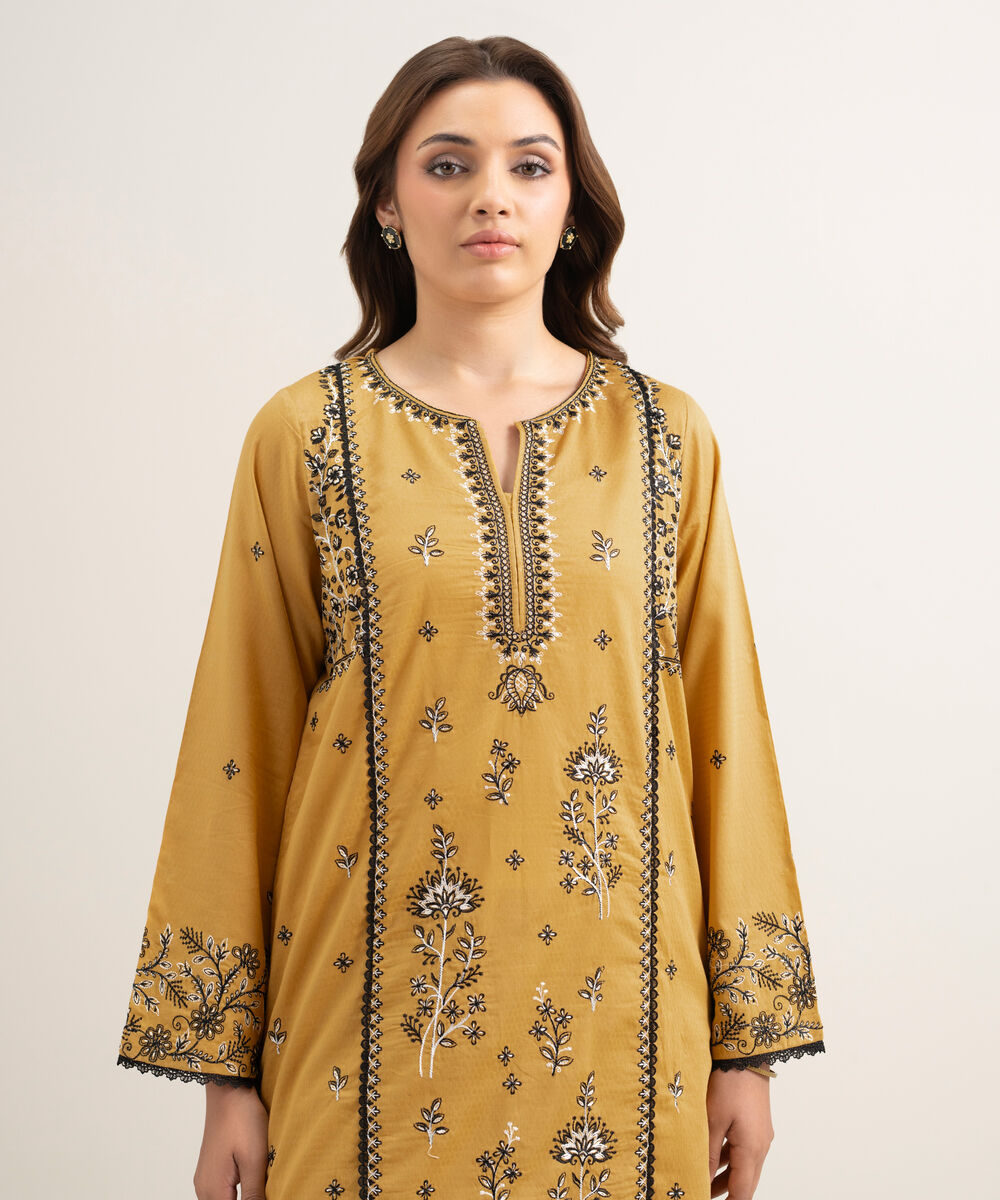 Women's RTW Dobby Embroidered Yellow A-Line Shirt