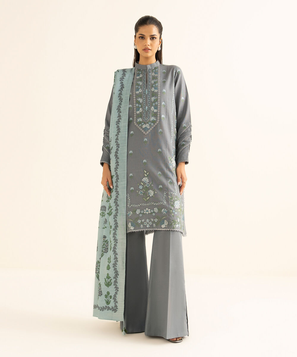 Women's Unstitched Light Khaddar Embroidered Grey 3 Piece Suit