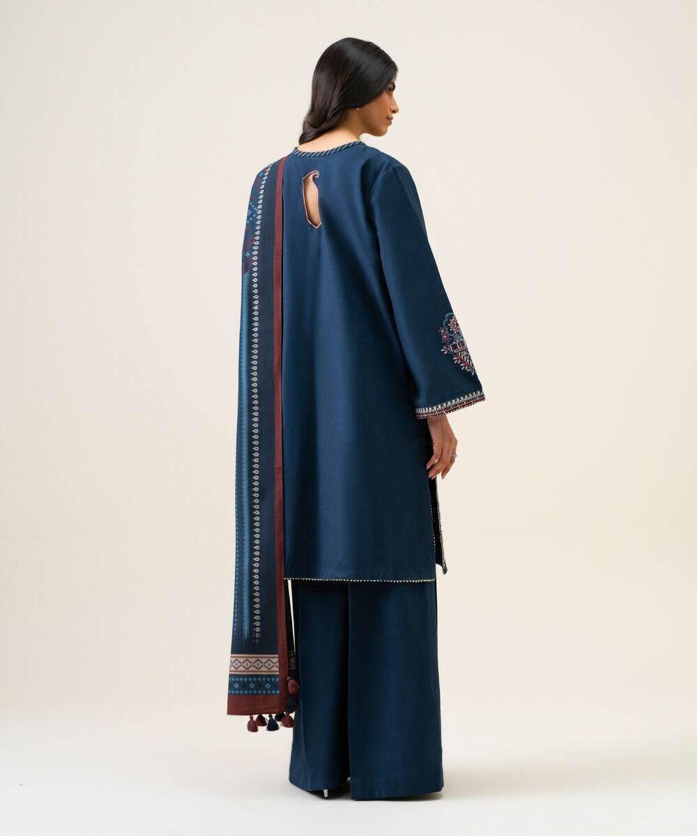 Womens Unstitched Light Khaddar Embroidered Dark Blue 3 Piece Suit