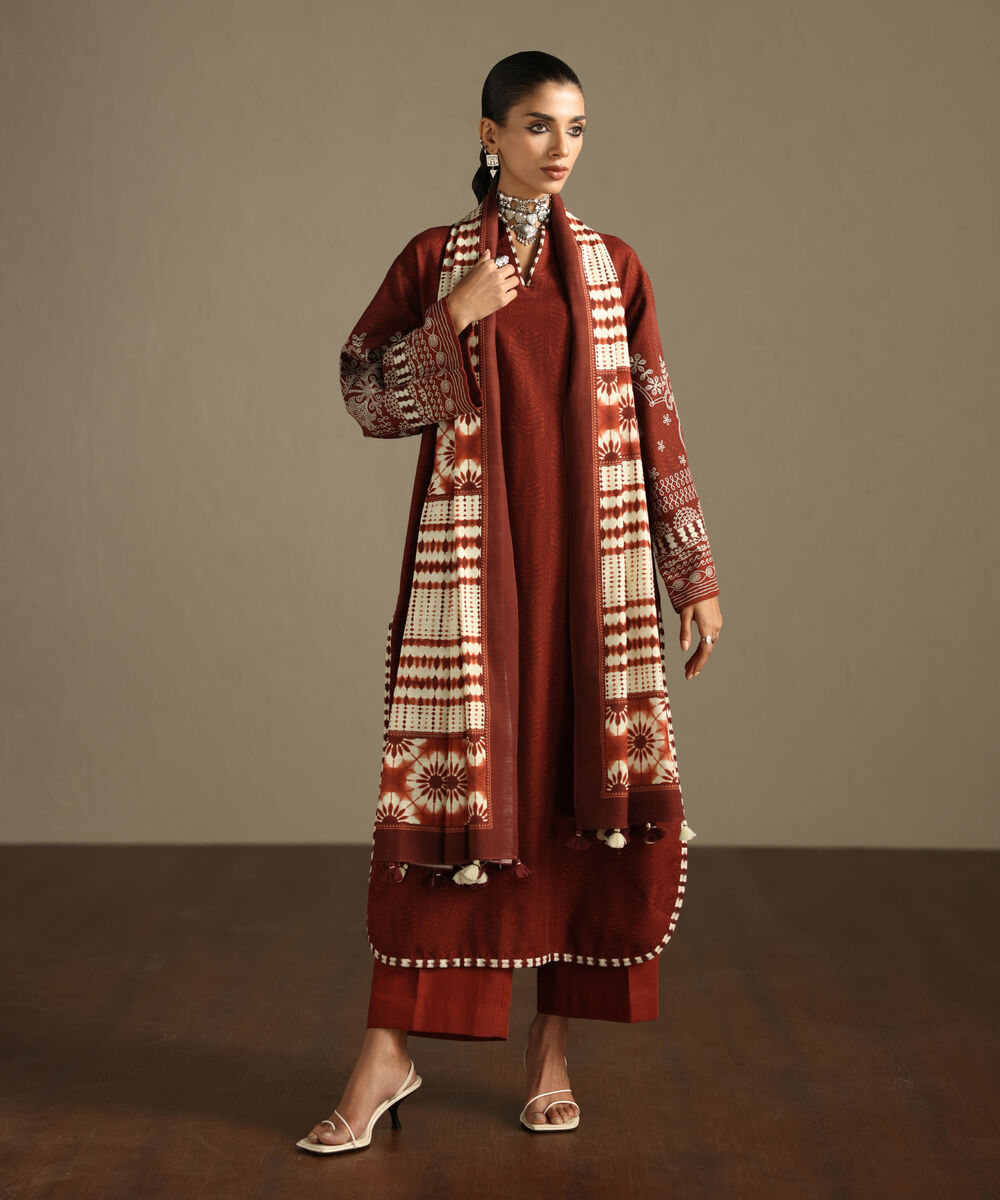 Women's Unstitched Light Khaddar Printed Red  3 Piece Suit