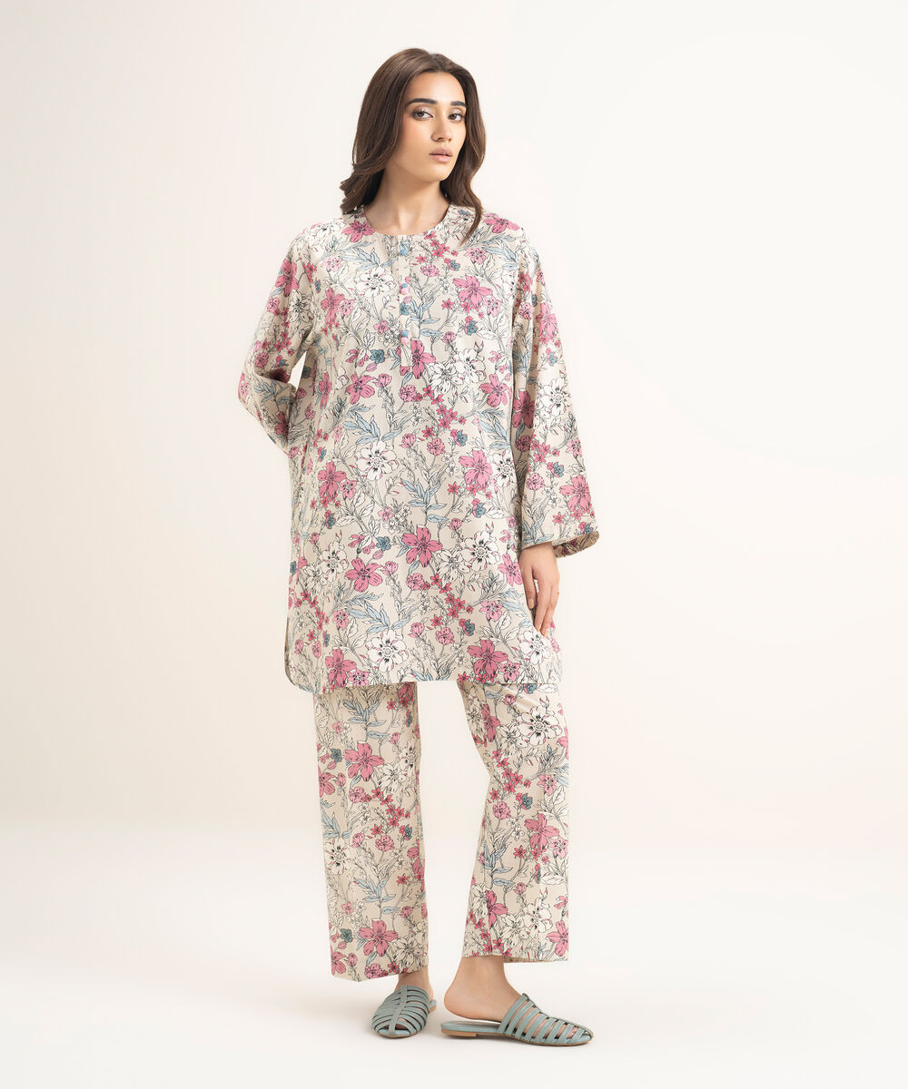 Women's RTW Cambric Printed Off White Straight Shirt