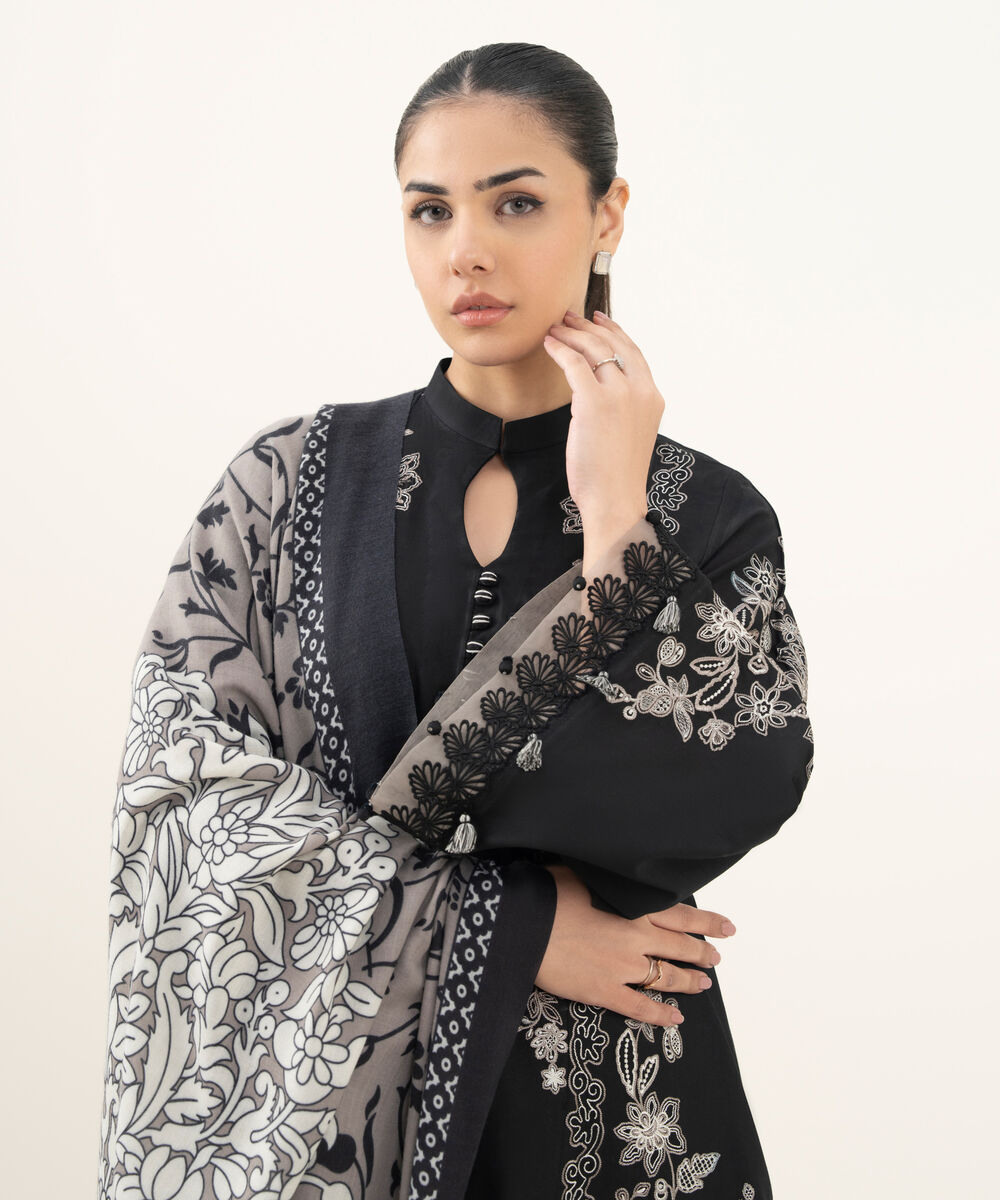 Women's Unstitched Embroidered Fine Cotton Satin Black 3 Piece Suit