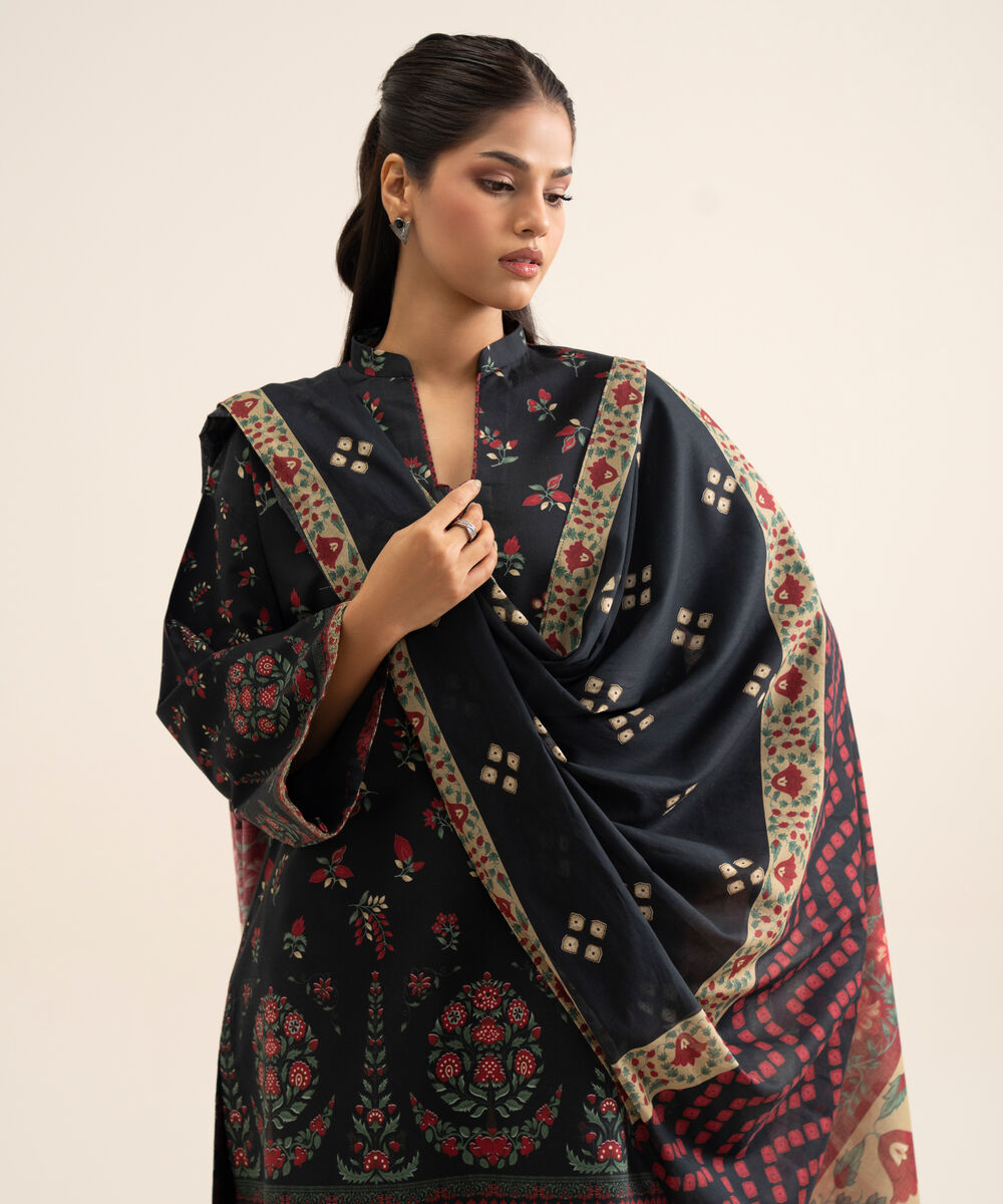 Women's Unstitched Premium Khaddar Printed Black 3 Piece Suit