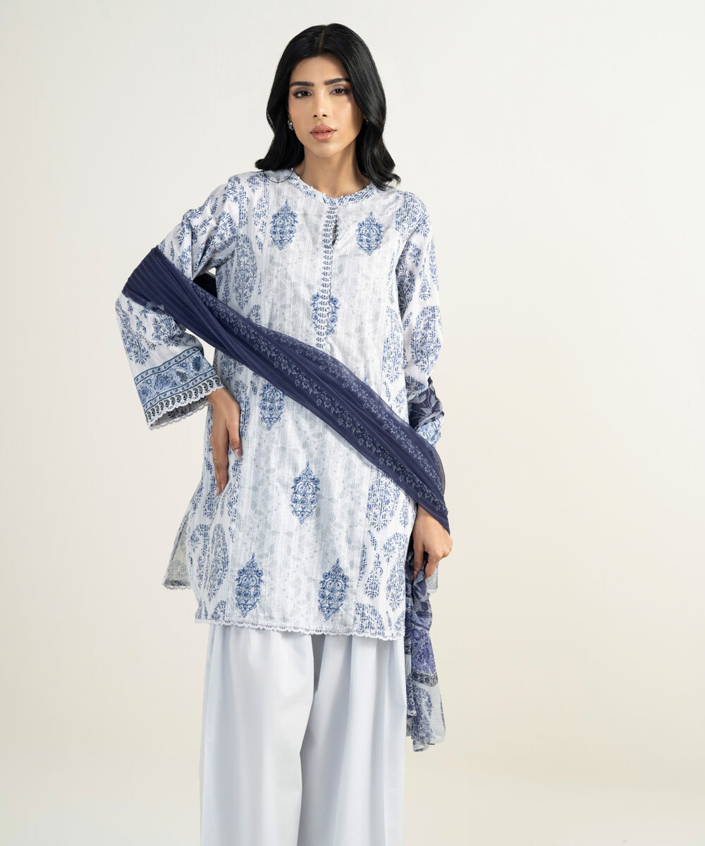 Women's RTW Dobby Embroidered Blue 3 Piece Suit