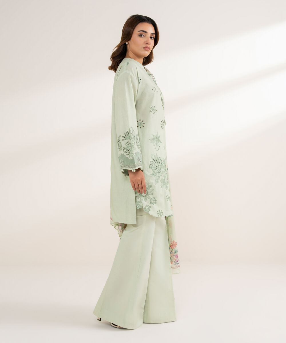 Women's Unstitched Cotton Embroidered Green 3 Piece Suit