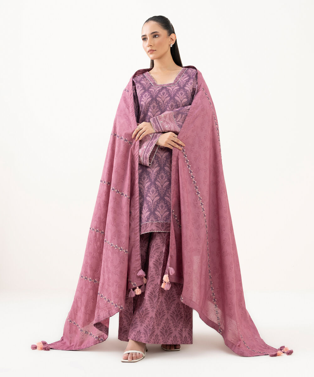 Women's Unstitched Cross Hatch Embroidered Pink 3 Piece Suit