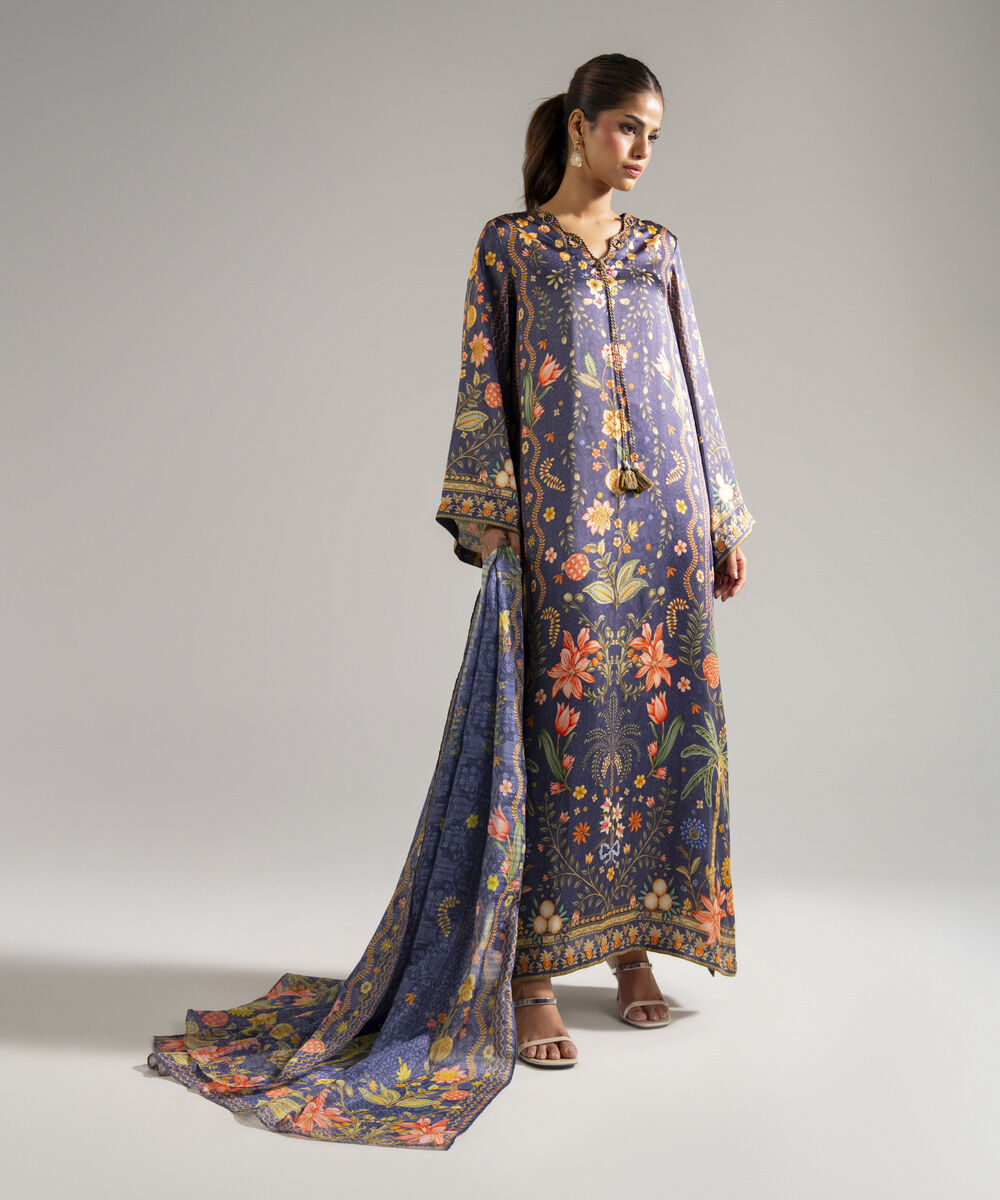 Women's RTW Blended Satin Printed Purple 3 Piece Suit