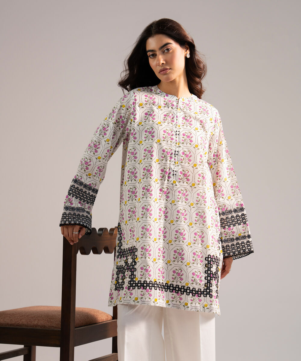 Women's RTW Lawn Embroidered White Straight Shirt