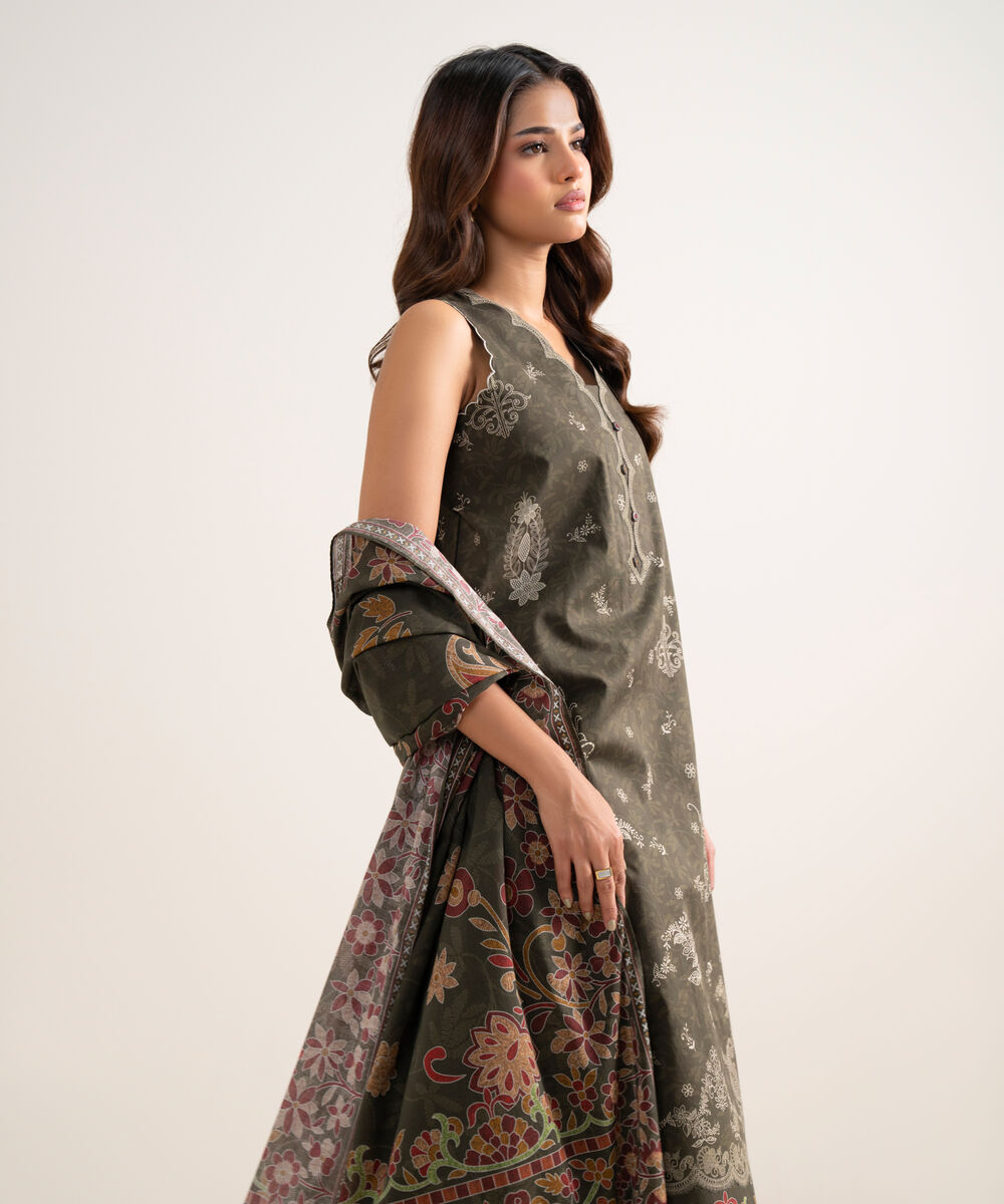 Women's Unstitched Printed Lawn Olive Green 3 Piece Suit
