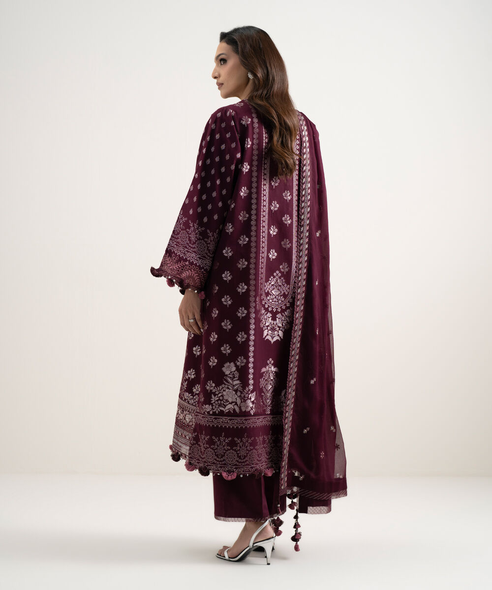 Women's Unstitched Extra Weft Jacquard Embroidered Red 3 Piece Suit