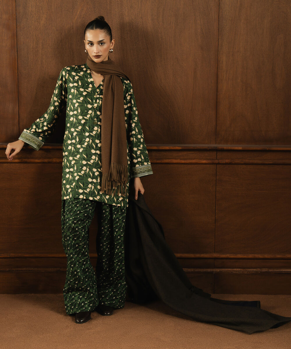 Women's RTW Herringbone Embroidered Green A-Line Shirt