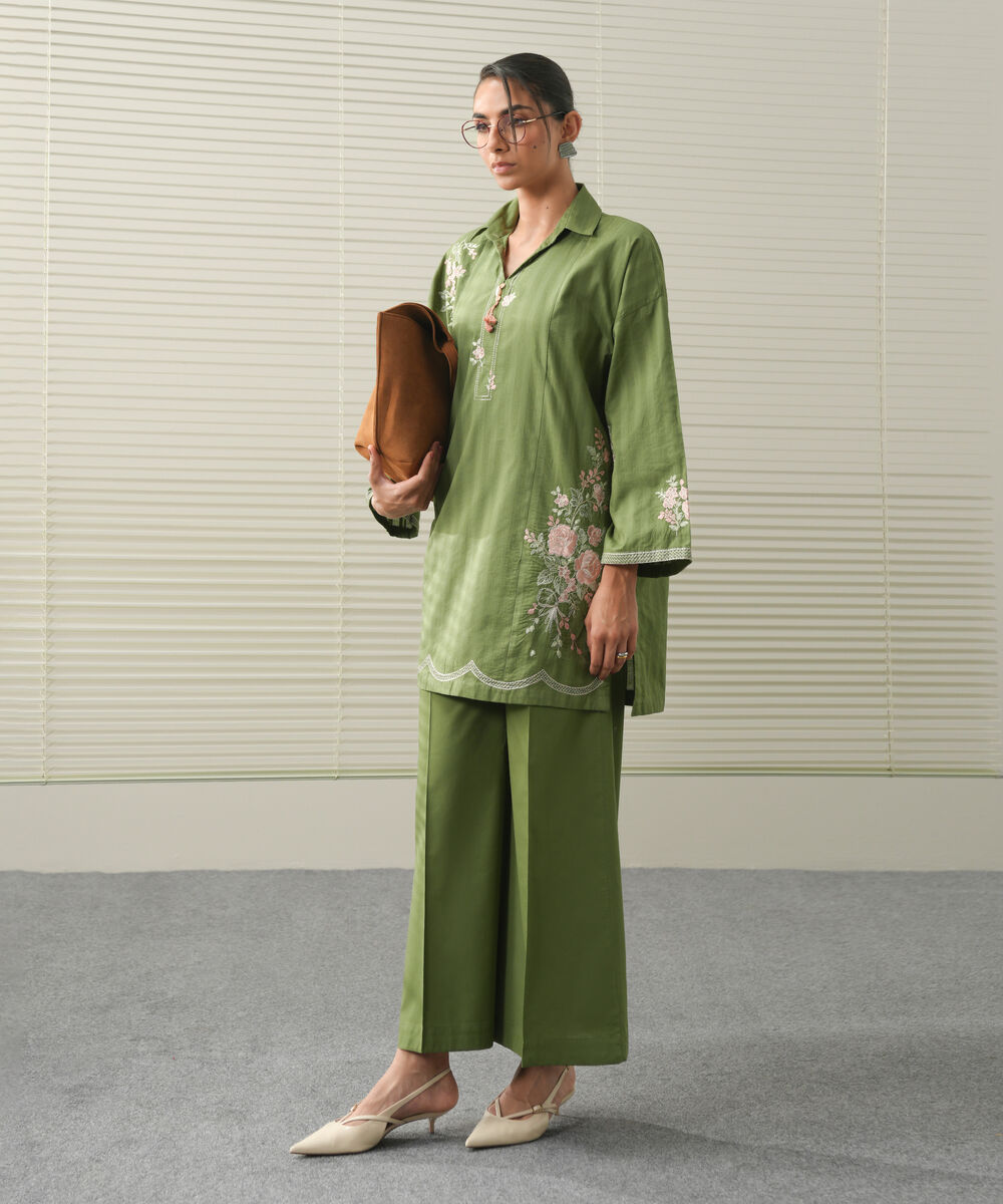 Women's RTW Textured Lawn Green Embroidered Boxy Shirt